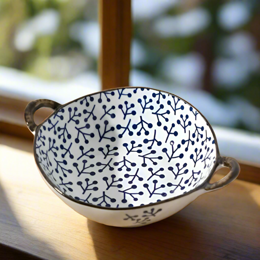 Fallen Branches Blue And White Abstract Pattern Ceramic Bowl With Handles Modern Farmhouse Style Dish