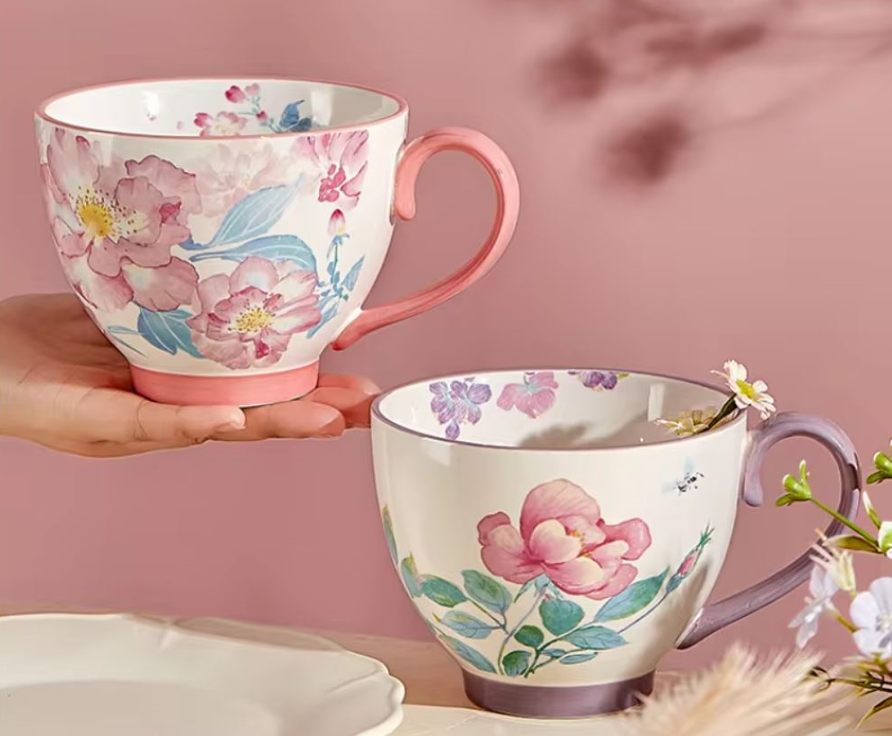 Tea Party Worthy Home Decor Pretty Floral Mugs With Watercolor Style Garden Patterns In Pink And Purple Ceramics
