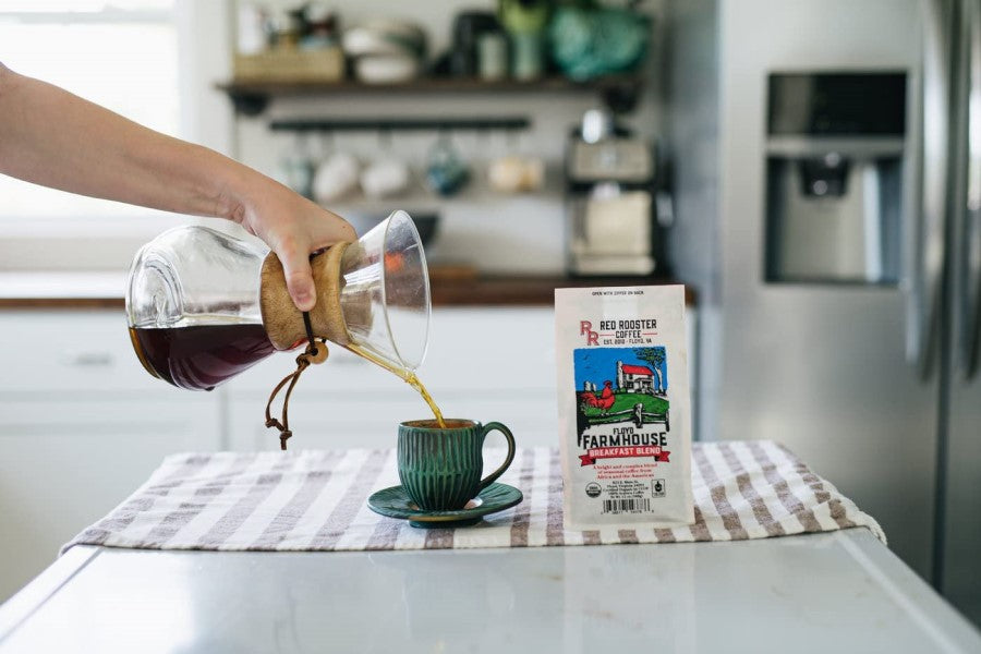 Glass Chemex Pot Pouring Organic Breakfast Blend Red Rooster Coffee Floyd Farmhouse