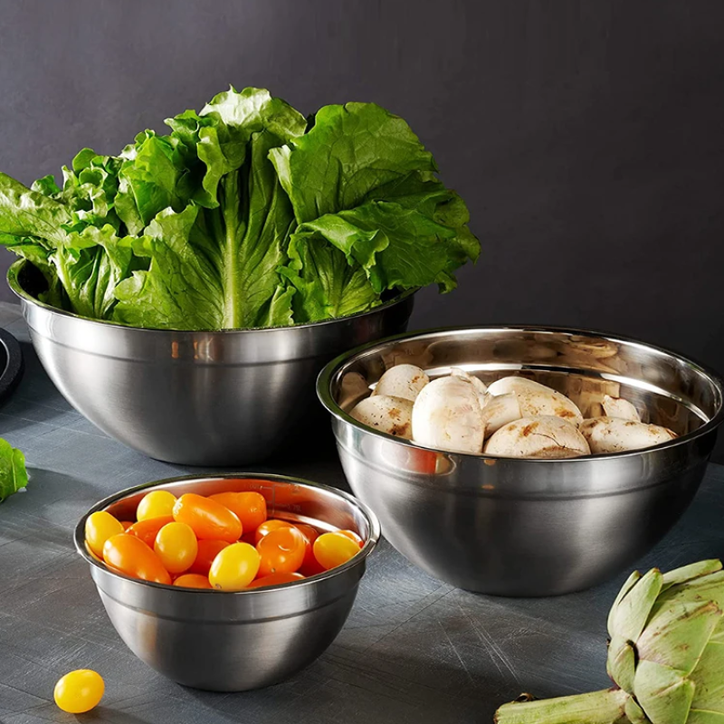 Fresh Food And Healthy Ingredients In Metal Bowls Stainless Steel Kitchen Bowl For Salads