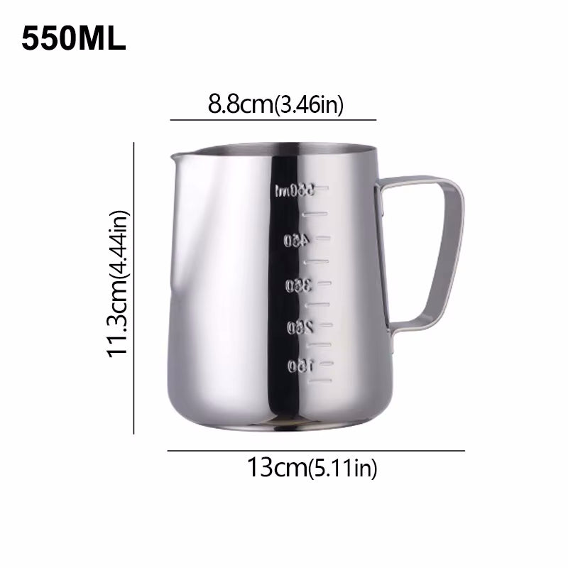 18oz Silver Stainless Steel Chic Frothing Pitcher With Measurements 550ml Size