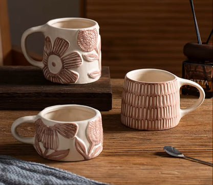 Pretty Pink Mugs Organic Style Pottery With Retro Flower Craft Patterns