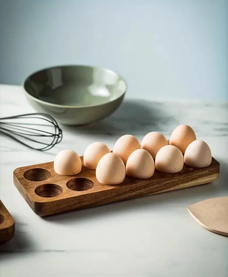 Whisk And Bowl For Baking With Acacia Wood Tray For Eggs Dozen Storage Space Holder