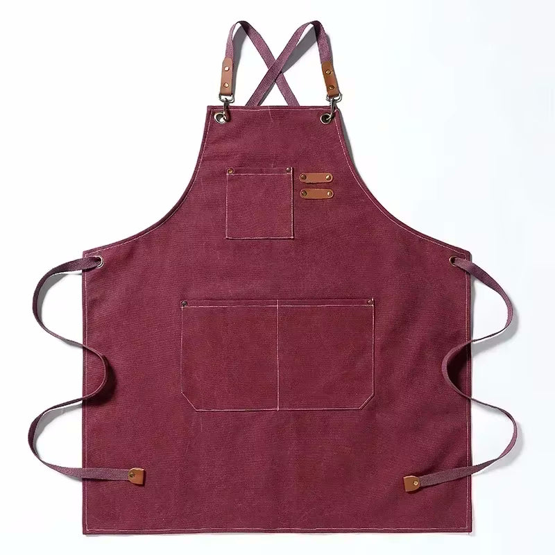 Burgundy Wine Color Cookout Style Cotton Canvas Kitchen Apron With Pockets And Adjustable Tie Strings