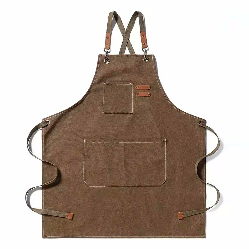 Coffee Brown Color Cookout Style Cotton Canvas Kitchen Apron With Pockets And Adjustable Tie Strings