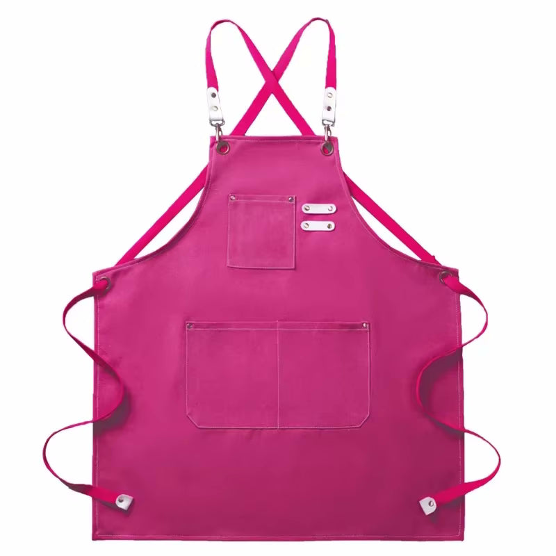 Pink Pitaya Color Cookout Style Cotton Canvas Kitchen Apron With Pockets And Adjustable Tie Strings