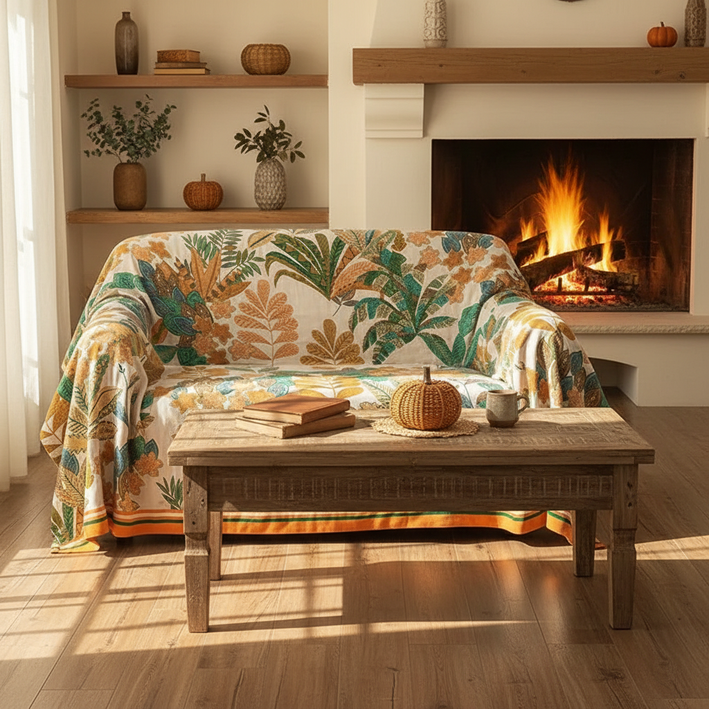Autumn Home Decor Cozy Living Room With Emerald Eden Blanket On Sofa Pumpkins Fall Vibes