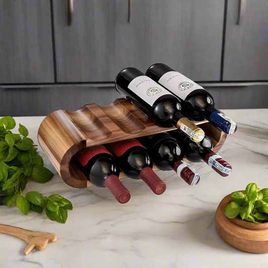 Fresh Basil And Beautiful Kitchen Countertop Decor Wine Bottles On Acacia Wooden Wine Rack
