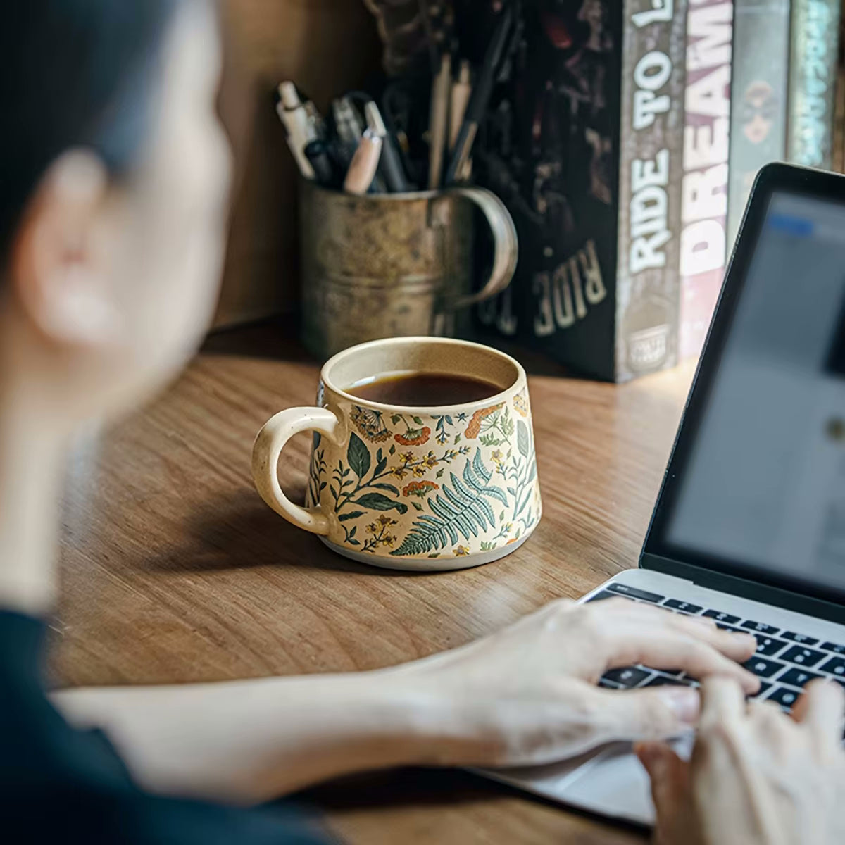 Beautiful Fern Enchanting Botanicals Mug At Work On Desk With Laptop Botany Pattern Pottery