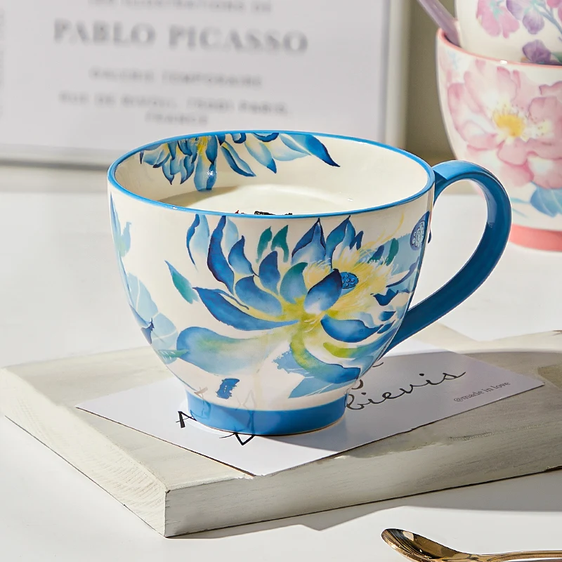 Lotus Style Flower In Blue Colors On Watercolor Garden Ceramic Cereal Mug