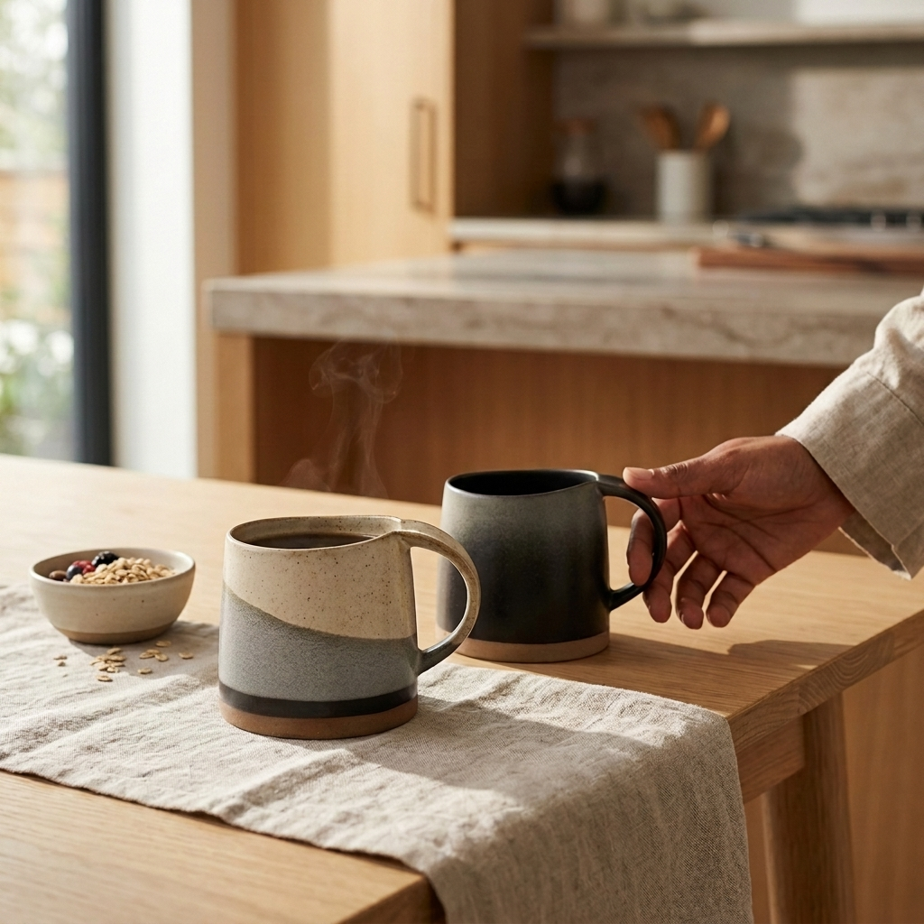 Person's Hand Reaching For Breakfast Time Mugs Dark Tides Cups With Exposed Base Pottery From Terra Powders Organic Style Minimalist Decor