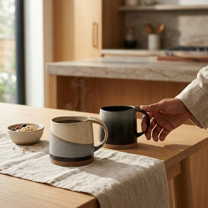 Person's Hand Reaching For Breakfast Time Mugs Dark Tides Cups With Exposed Base Pottery From Terra Powders Organic Style Minimalist Decor