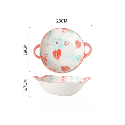 Ceramic Bowl With Handles Irregular Shape Dish Size Measurements Breezy Style Floral Pattern Roxy