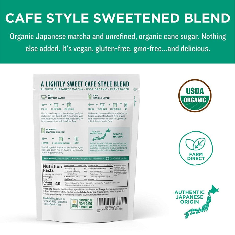 Jade Leaf Cafe Style Sweetened Blend Japanese Matcha And Unrefined Cane Sugar Nothing Else Added Vegan Gluten Free GMO Free Delicious Green Tea Latte Powder USDA Organic Farm Direct Authentic Japanese Origin