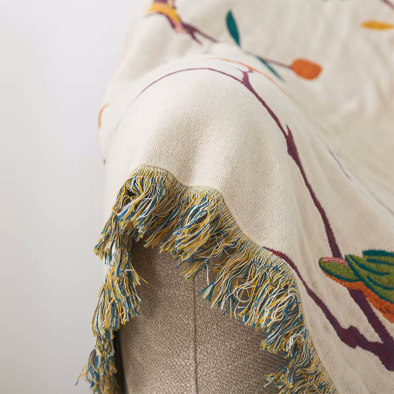 Cotton Fringe Edge On Bird Pattern Blanket Up Close Paradiso Birds Cotton Throw Room Decor