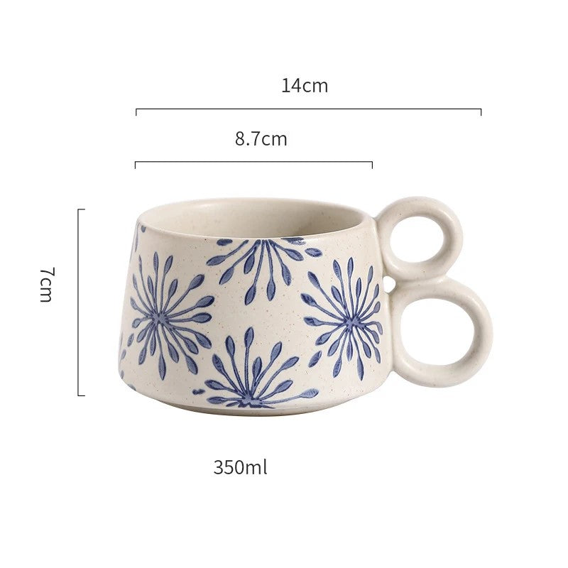 Nature In Blue Ceramic Mug With Double Loop Handle Dandelion Poof Pattern Drinking Cup Size Measurements