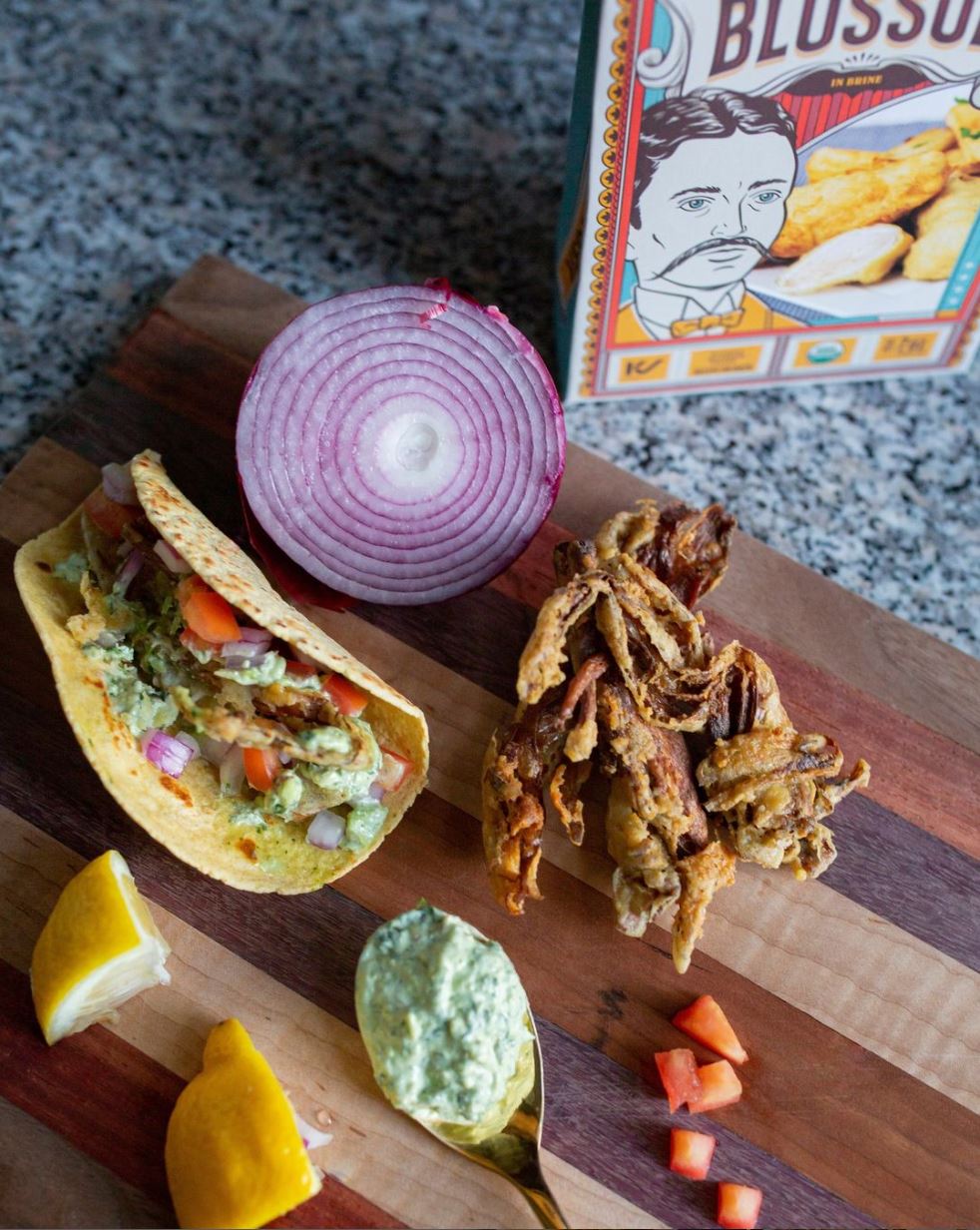 Deep Fried Banana Blossom Tacos Made With Upton's Naturals Organic Banana Blossom In Brine