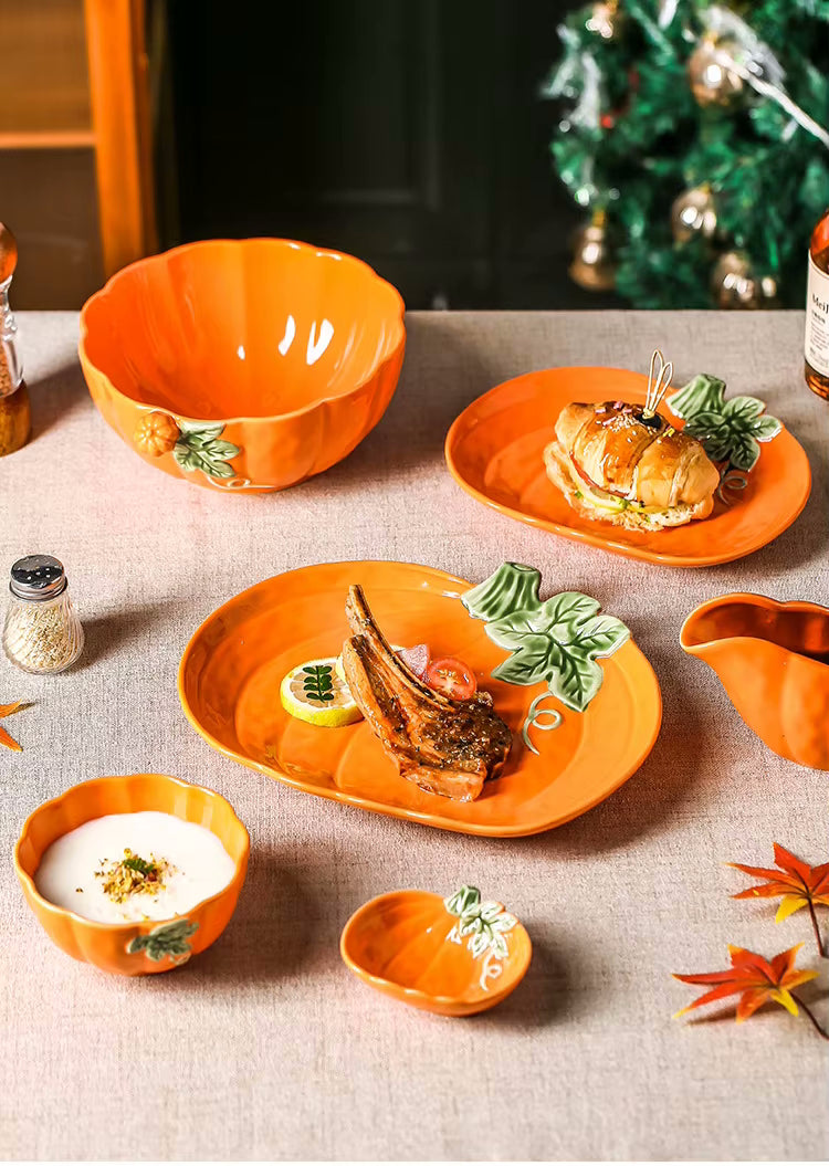 Dinner Party Ceramic Pumpkin Dishes Orange Color Serveware Pottery For Autumn Tablescapes