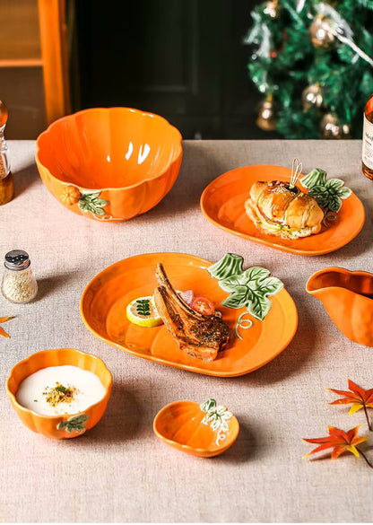 Dinner Party Ceramic Pumpkin Dishes Orange Color Serveware Pottery For Autumn Tablescapes