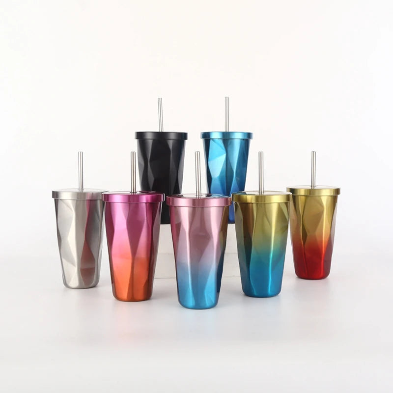 Double Wall Thermal 304 Stainless Steel Drinkware With Straw Gradient Color Coffee Tumbler Cups For Water And Other Beverages