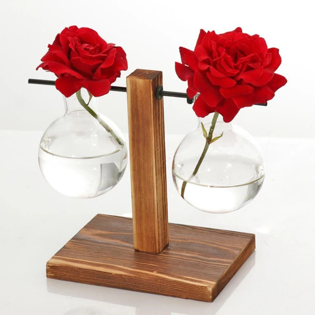 Glass And Wood Double Bud Vases With Red Rose Flowers