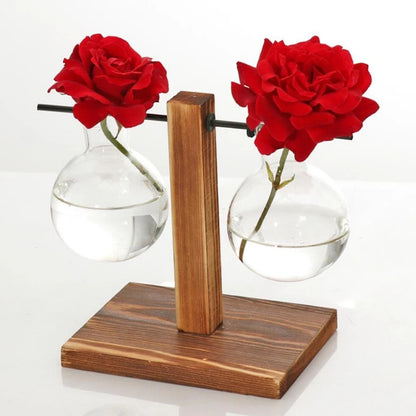 Glass And Wood Double Bud Vases With Red Rose Flowers
