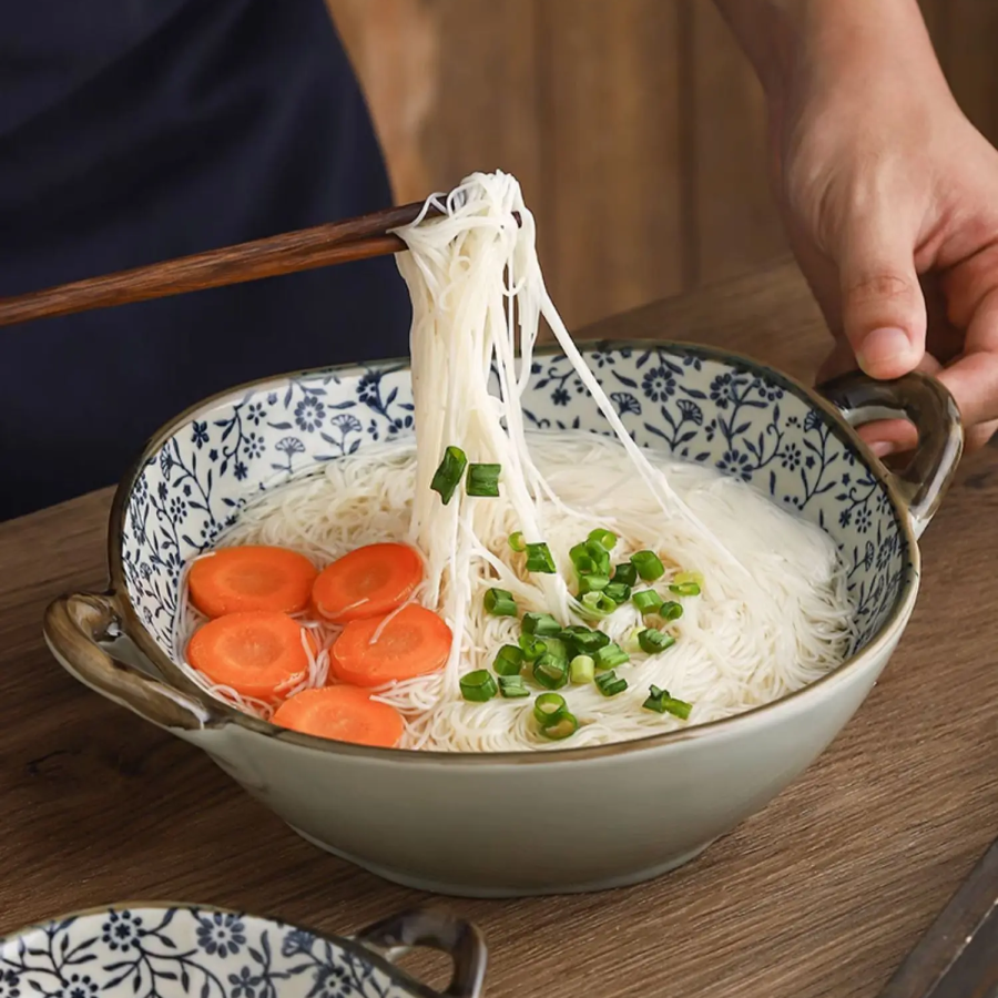 Ceramic Noodle Bowl With Handles Eating Meal Out Of Dainty Wildflowers Dinnerware