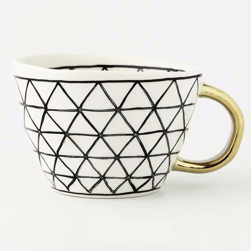 Hexablack Artistic Style Patterned Irregular Shaped Ceramic Mug With Gold Handle