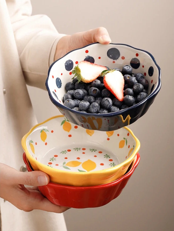 Holding Cute Ceramics With Fruit Patterns Colorful Bowls In Cottage Vintage Style