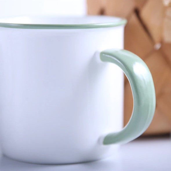 White Mug With Green Handle And Lip Edge Painted Plants Ceramic Cups