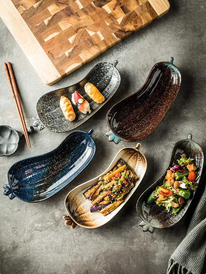 Modern Loft Style Tablescape With Eggplant Shape Ceramic Dishes In Beautiful Colors