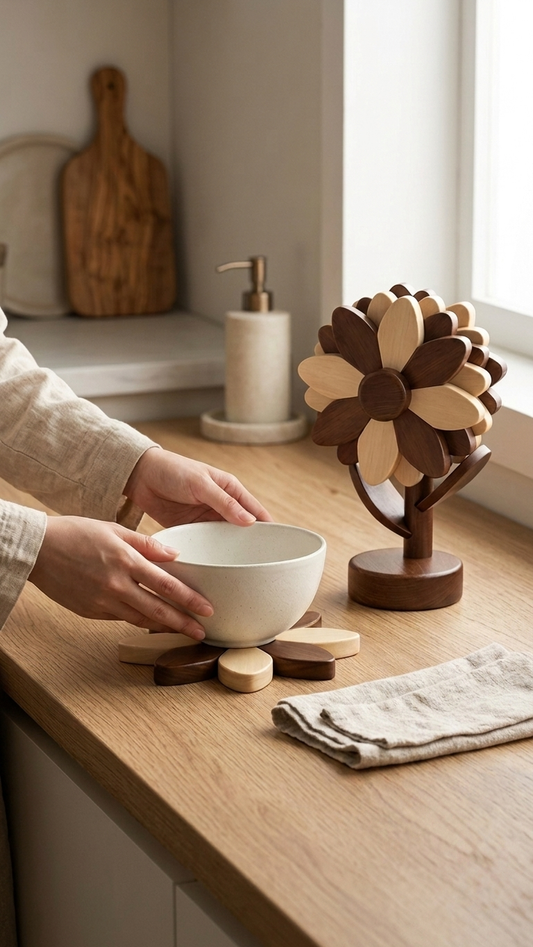 Person Setting Hot Bowl On Trivet Organic Style Flower Trivets For Functional Kitchen Countertop Decor