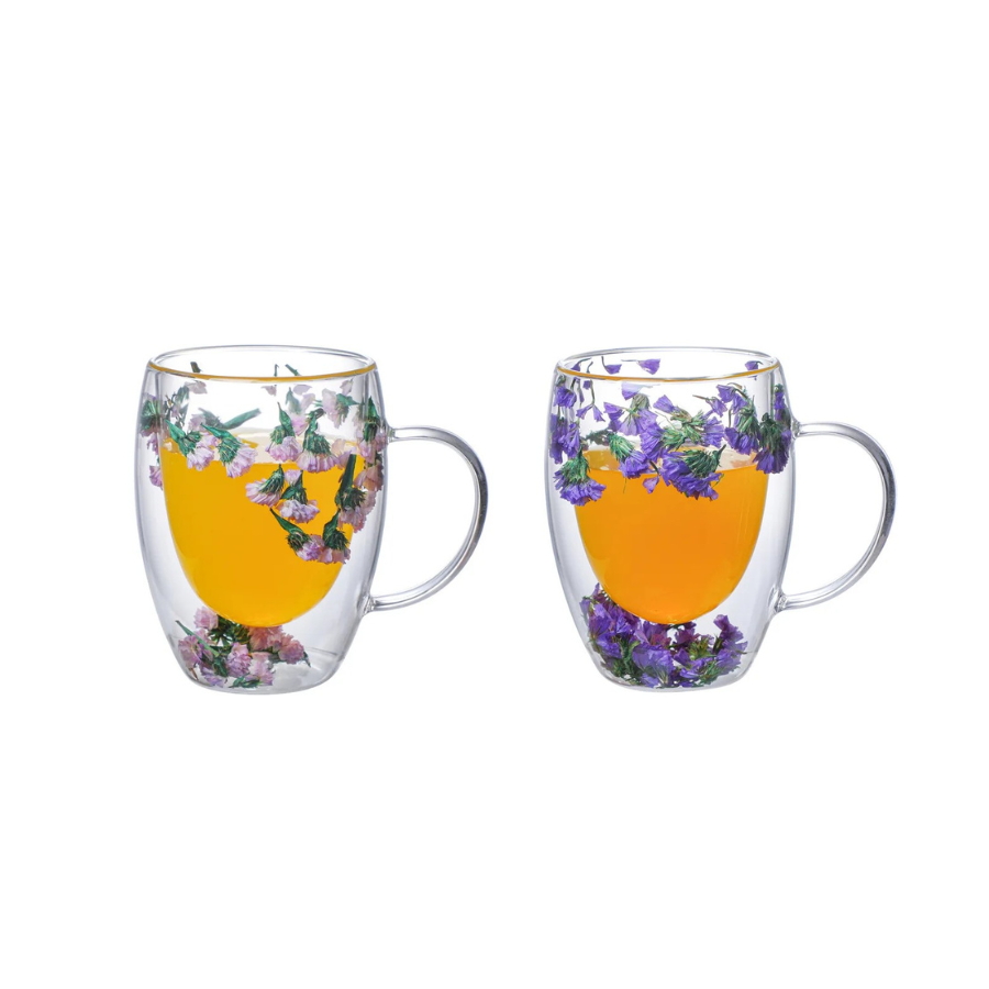 Petite Arbor Dried Flowers Double Wall Glass Mugs