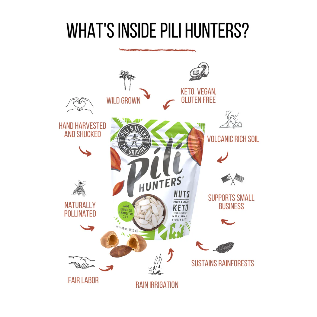 Pili Hunters Infographic Keto Vegan Wild Grown Pili Nuts With Coconut Oil & Himalayan Salt
