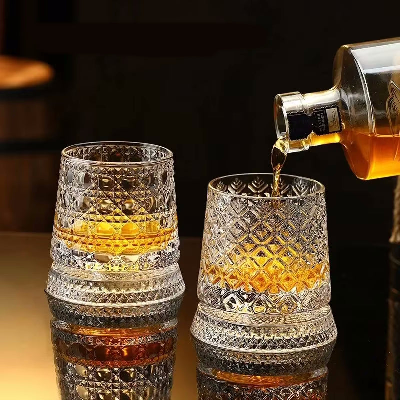 Pouring Liquor In Bar Glasses Rotating Tumbler Cups With Matching Coasters For Lounge And Bar Cart Gifts