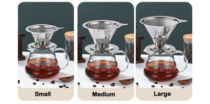 Stainless Steel Cone Shape Coffee Filter With Base Available In Three Sizes For Pour Over Coffee Making