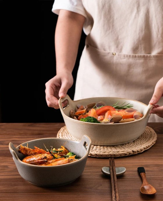 Serving Food In Prairie Farmhouse Bowls Ceramic Pottery In Creamery And Conifer Colors Serving Bowls With Handles