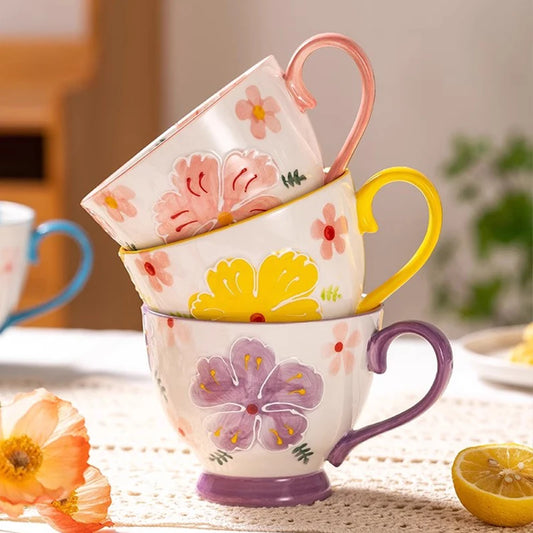 Stack Of Tea Cups With Pretty Flowers Painted Petals Ceramic Mugs