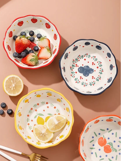 Tablescape With Colorful Cottage Ceramics In Berry And Fruit Pattern Pottery Style
