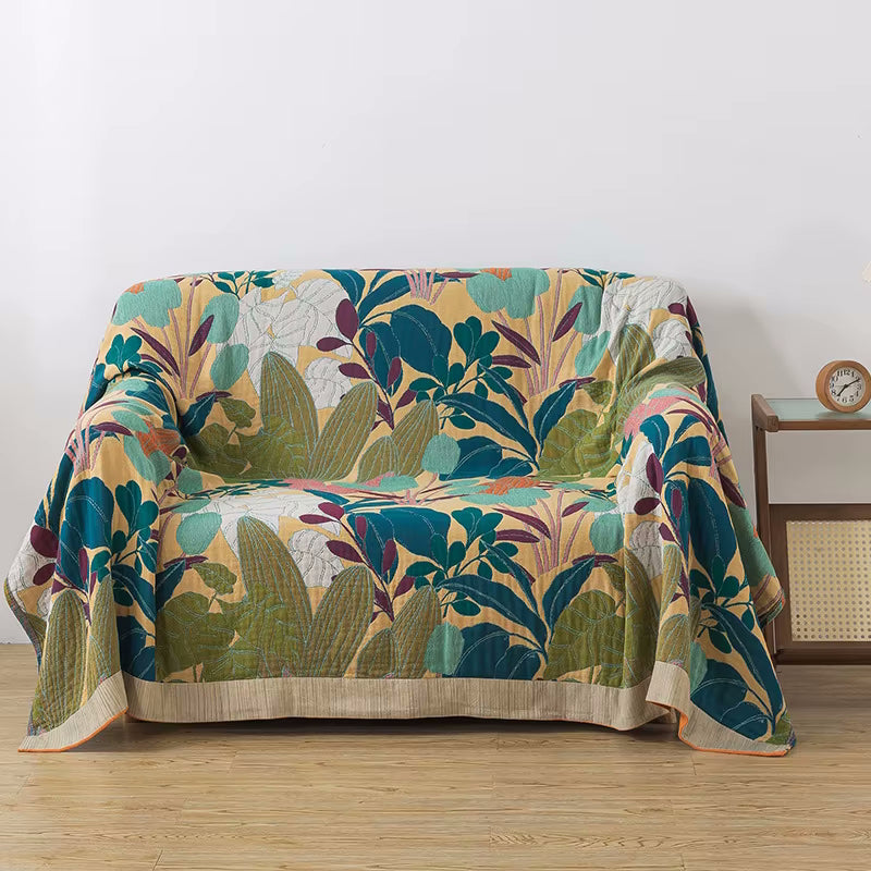 Tropical Twilight Reversible Couch Cover Cotton Sofa Blanket With Plants