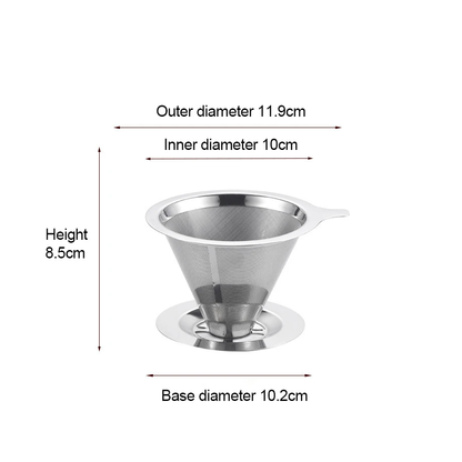 Medium Size Stainless Steel Reusable Pour Over Cone Coffee Filter Basket With Base