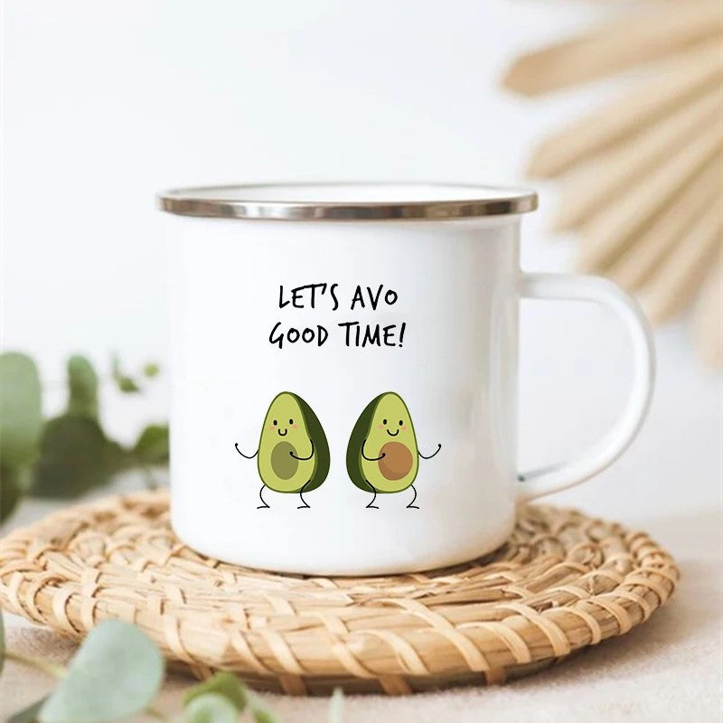 Partycados Adorable Avocado Stainless Steel Enamel Camp Mug With Two Dancing Avocados And Let's Avo Good Time Foodie Quote