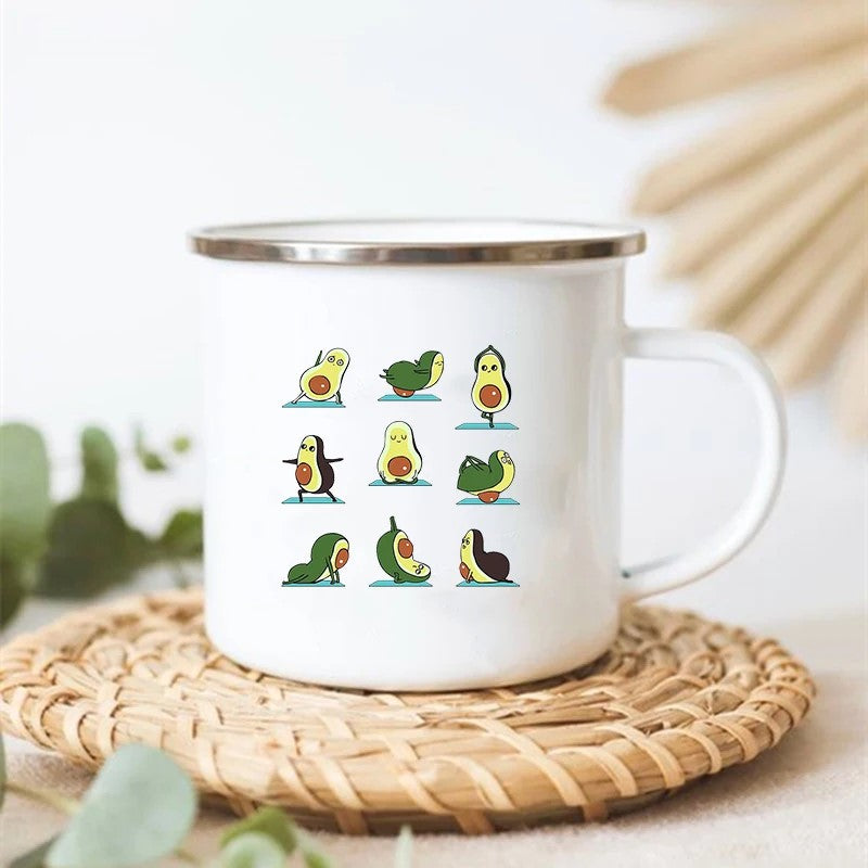 Yogacados Adorable Avocado Stainless Steel Enamel Camp Mug Avocados Doing A Variety Of Yoga Poses And Pilates Exercises