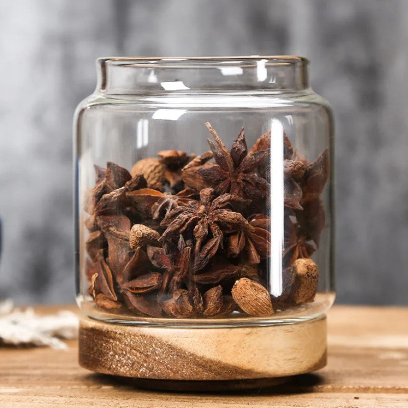 Autumn Vibes And Warm Spices In Wilderness Collection Glass Jar With Wood Lid Made Of Acacia Sealable Food Storage