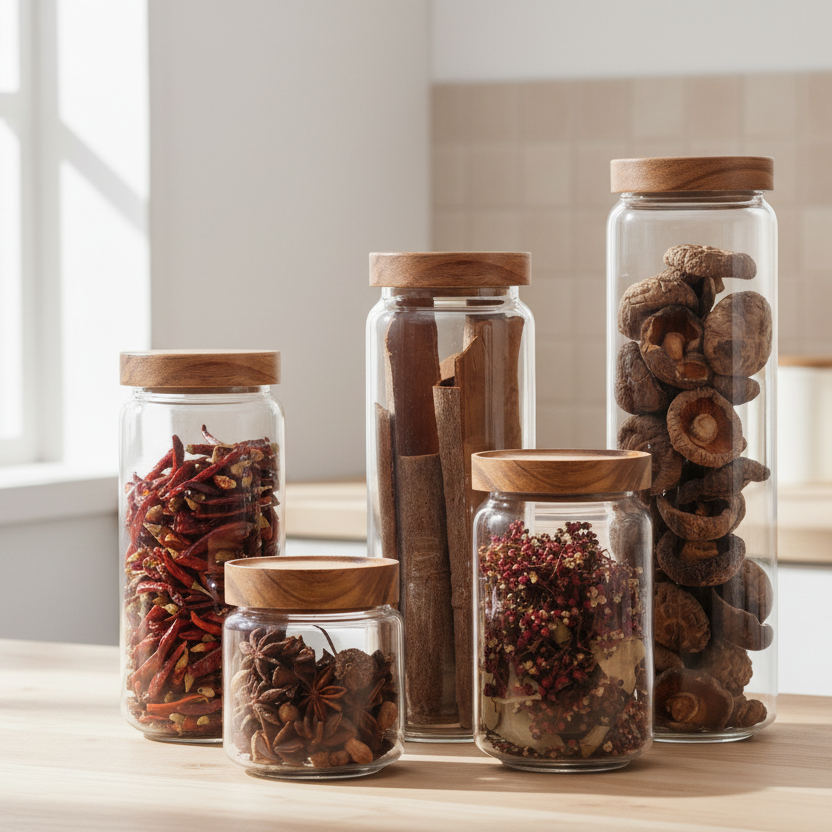 Countertop Decor And Kitchen Organization With Wilderness Collection Acacia Wood And Glass Sealable Food Storage Jars