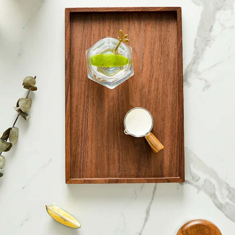 Wooden Kitchen Tray On Countertop Walnut Wood Serving Tray Rectangle Shape