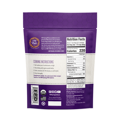 1000 Springs Mill Organic Purple Barley 16oz Back of Bag