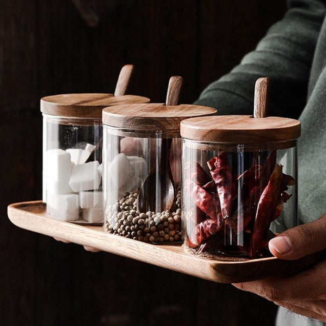 Carrying Acacia Wood Tray With 3 Lidded Glass Jars And Wooden Spoons