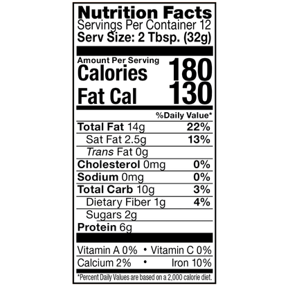 Artisana Organics Raw Cashew Butter 14 Ounce Nutrition Facts Label