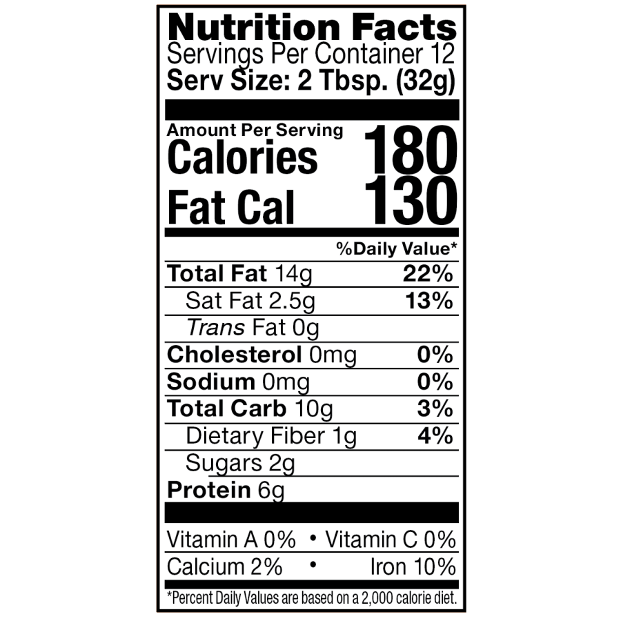 Artisana Organics Raw Cashew Butter 14 Ounce Nutrition Facts Label